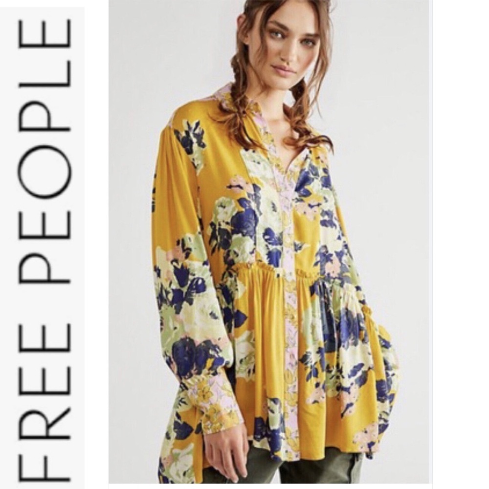 NWOT Free People Yellow Floral Brunch A ButtonUp Mini Dress/Blouse S